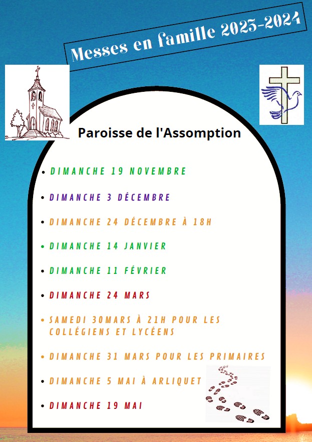 Paroisse de l'Assomption, Aixe-sur-Vienne, Calendrier des messes des familles 2023-2024 et liturgie de la Parole pour les plus jeunes