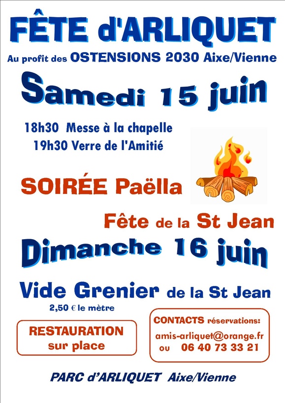  15-16 juin 2024, Fte de la St Jean  Arliquet, le 15 juin 2024: 18h30-messe  la chapelle, 19h30-verre de l'amiti, Soir Palla, le 16 juin 2024, Vide grenier de la St Jean, manifestation en Val de Vienne