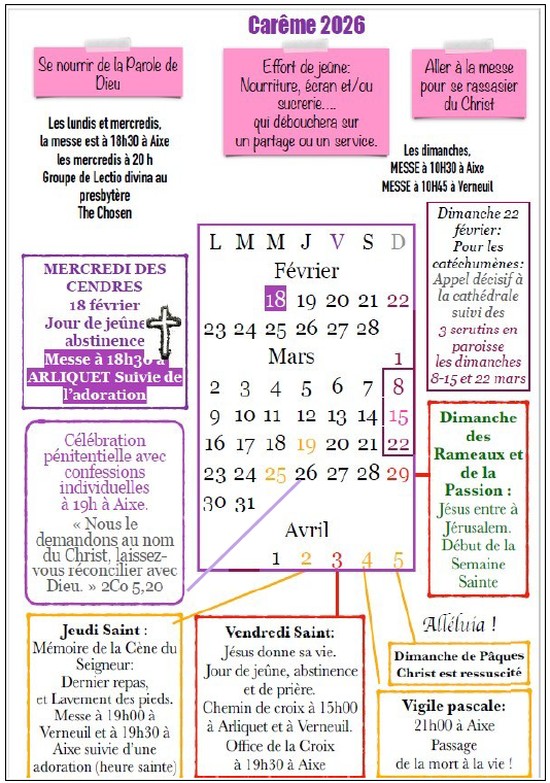 agenda 2026 paroisse de l'Assomption pour le car�me et P�ques 2026,