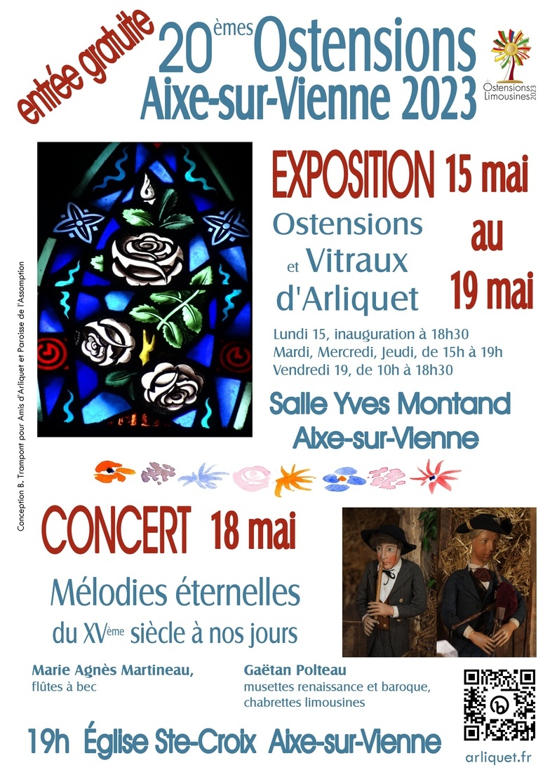 Ostensions 2023 exposition sur les vitraux de la chapelle d'Arliquet du 15 au 19 mai - concert de musique ancienne le 18 mai 19h glise Ste-Croix d'Aixe-sur-Vienne