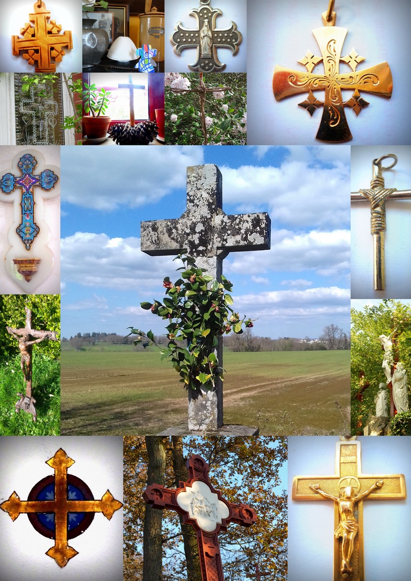 Croix de vos chemins et de nos maisons, sur la commune dans vos glises ,dans vos maisons pour illustrer le chemin de croix du Vendredi Saint, paroisse de l'Assomption, Aixe