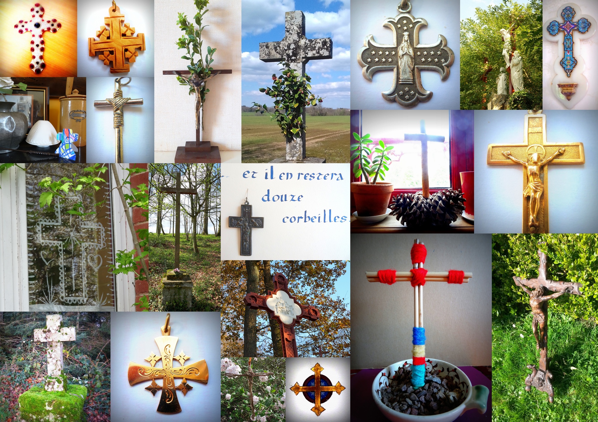Croix de vos chemins et de nos maisons, sur la commune dans vos glises ,dans vos maisons pour illustrer le chemin de croix du Vendredi Saint, paroisse de l'Assomption, Aixe