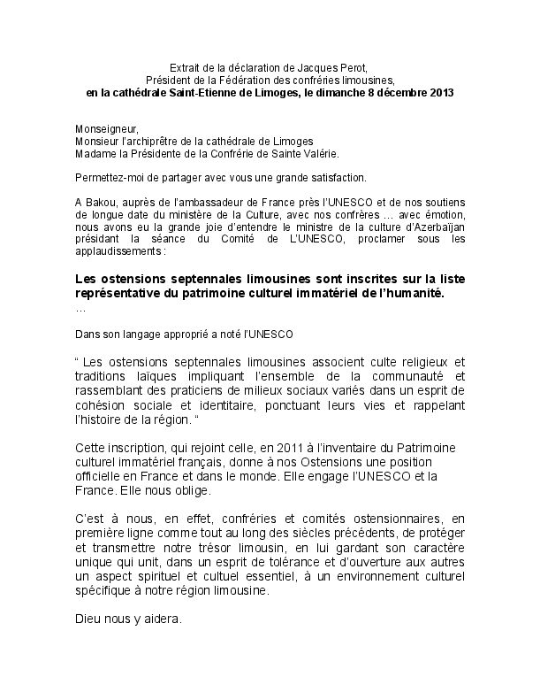 dclaration de Mr Jacques Perrot le 8 dcembre 2013 pour l'iscription des ostensions limousines au patrimoine culturel immatriel de l'humanit